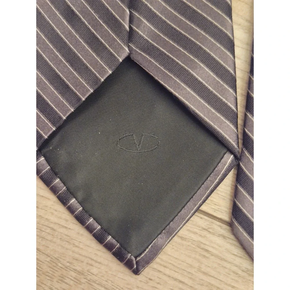Valentino Mens‎ Silk Necktie Black Grey Diagonal Striped Made in Italy Tie
